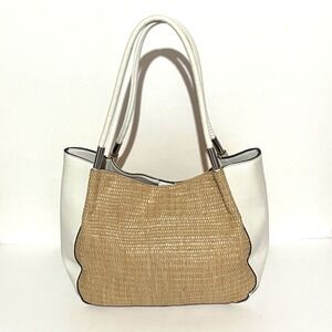 Alfani  Bangle Straw Faux Leather Tote Bag White Beige‎ Shoulder Hobo Bag Women